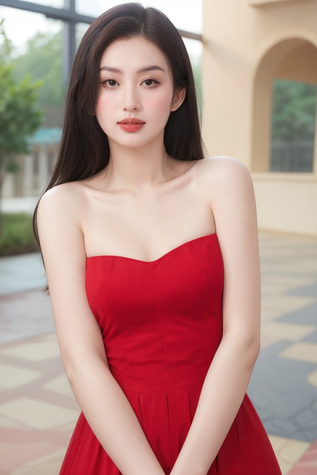 1girl, solo, long hair, breasts, looking at viewer, brown hair, dress, bare shoulders, brown eyes, upper body, small breasts, sleeveless, blurry, lips, sleeveless dress, blurry background, red dress, realistic, arms at sides,upper body, cleavage, large breasts 