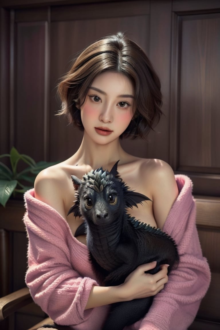 1girl, blush,, short hair, bangs, brown hair, holding, closed mouth, , hug dragon, ^ ^, animal, child, dragon, creature, eastern dragon,dragon,4ngel,Gigantic Breast,Soojin ,retroartstyle,AI_Misaki 