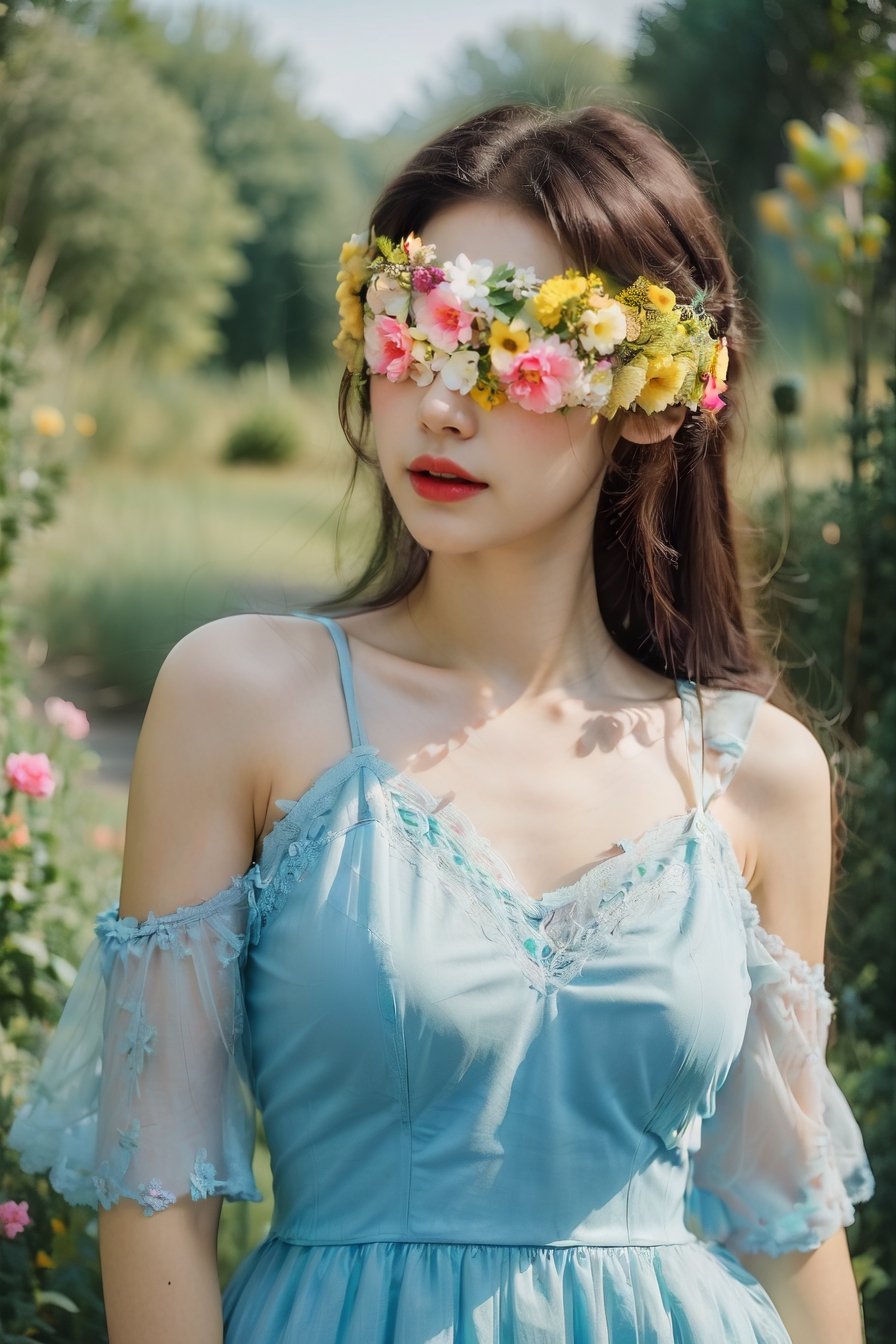 1 girl, charming, 
Flower Blindfold, blue dress, Wide Short, nature landscape, masterpiece, best quality, simple background, (Circle Sora), full color, watercolor,upper body,breasts,princess dress