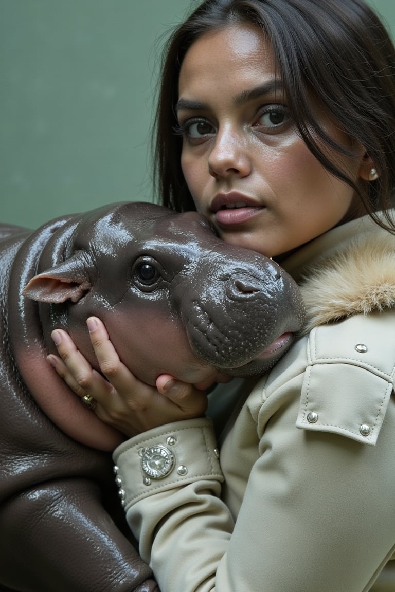 a striking model with a brunette hair, holding a MooDeng Pegmy Hippo close to her face, creating a captivating and unusual visual pairing. The model’s intense, light-colored eyes mirror the piercing gaze of the hippo, emphasizing a deep connection between the two. She is dressed in a soft, fur-collared outfit with subtle studded details that add a touch of luxury to the look. The background is a muted pastel green, which contrasts with the cool tones of the hippo’s skin and the model’s outfit, making the subjects stand out. The overall mood of the image is both mysterious and elegant, with a futuristic edge, highlighting the unique beauty of both the model and her feline companion. The composition and the way the model gently cradles the hippo suggest a sense of calm and intimacy, while the unusual pairing adds a surreal and otherworldly quality to the image.