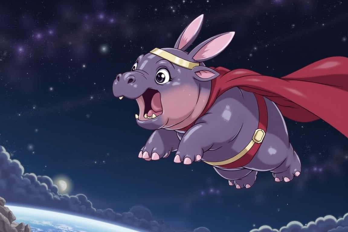 MooDeng hippo playing flying in space , wearing a superman cape and wearing bunny headband