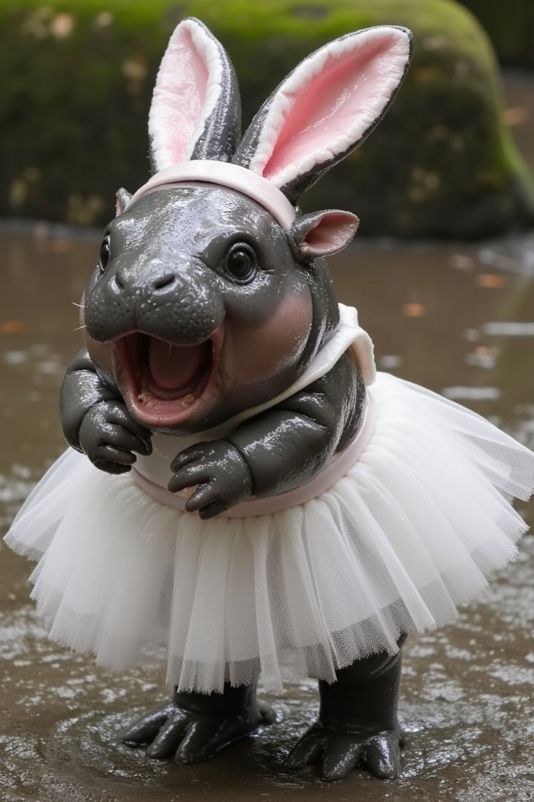 moodeng is rolling in the mud and screaming, it is wearing white bellerina dress with bunny ear headband, 