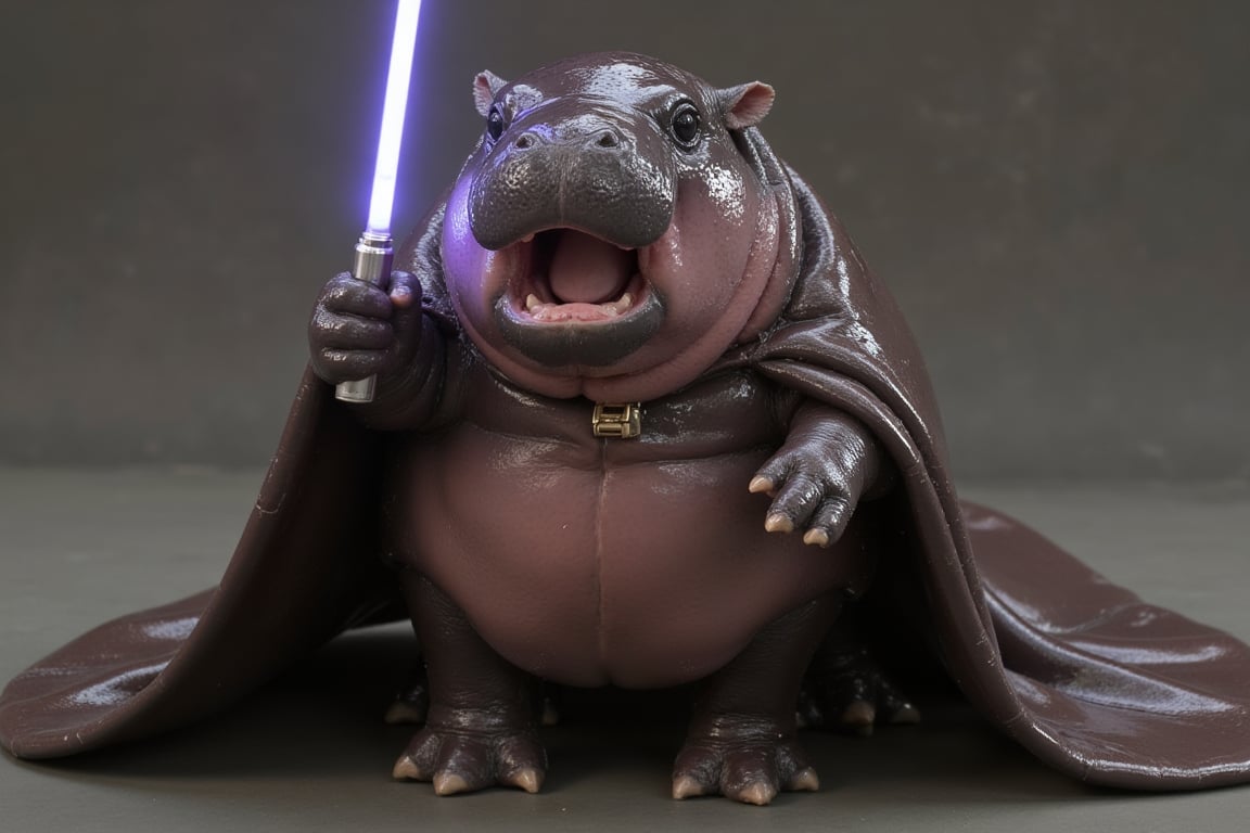 realistic MooDeng hippo wearing a jedi cloke and holding a light saber in one hand,