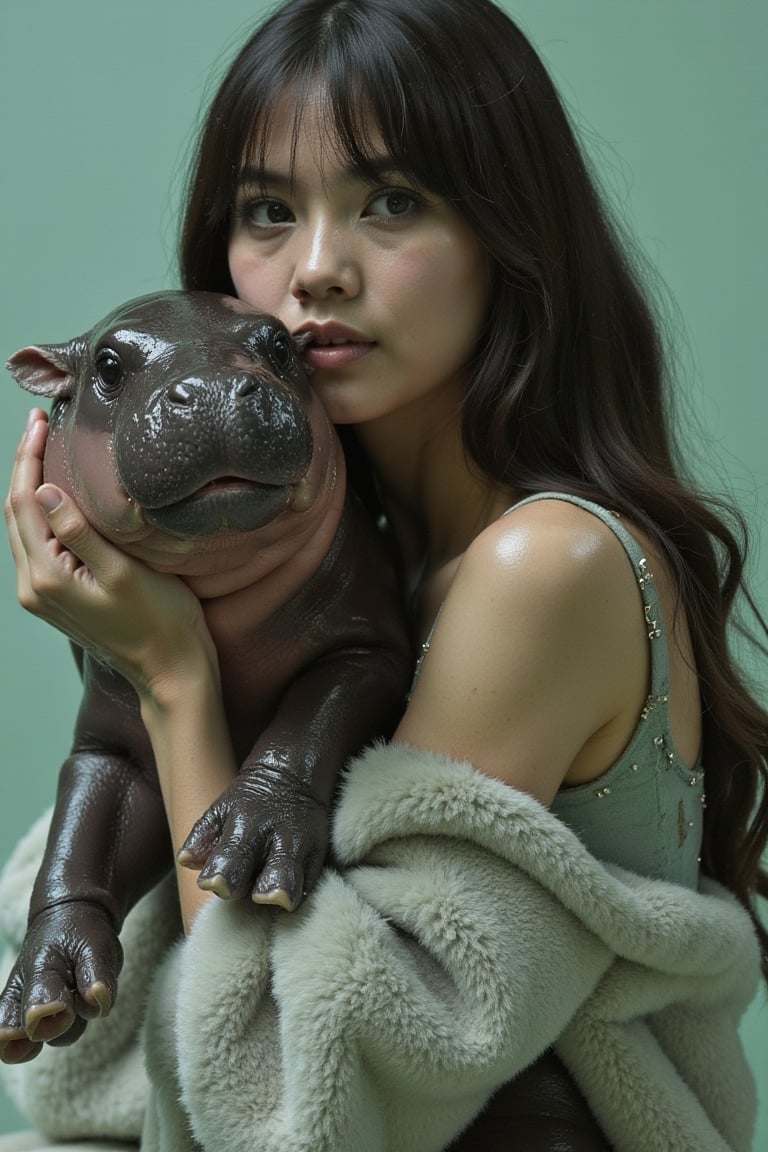 a striking model with a brunette hair, holding a MooDeng Pegmy Hippo close to her face, creating a captivating and unusual visual pairing. The model’s intense, light-colored eyes mirror the piercing gaze of the hippo, emphasizing a deep connection between the two. She is dressed in a soft, fur-collared outfit with subtle studded details that add a touch of luxury to the look. The background is a muted pastel green, which contrasts with the cool tones of the hippo’s skin and the model’s outfit, making the subjects stand out. The overall mood of the image is both mysterious and elegant, with a futuristic edge, highlighting the unique beauty of both the model and her feline companion. The composition and the way the model gently cradles the hippo suggest a sense of calm and intimacy, while the unusual pairing adds a surreal and otherworldly quality to the image.