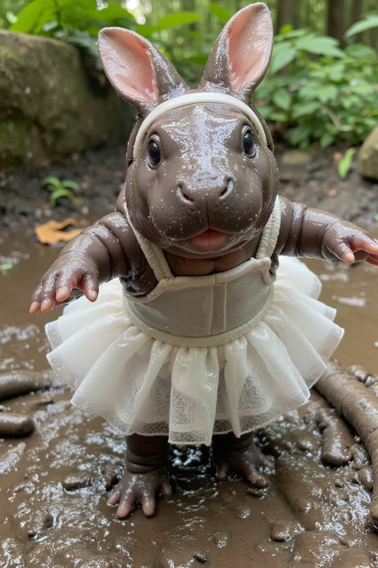 moodeng is rolling in the mud, it is wearing white bellerina dress with bunny ear headband, 