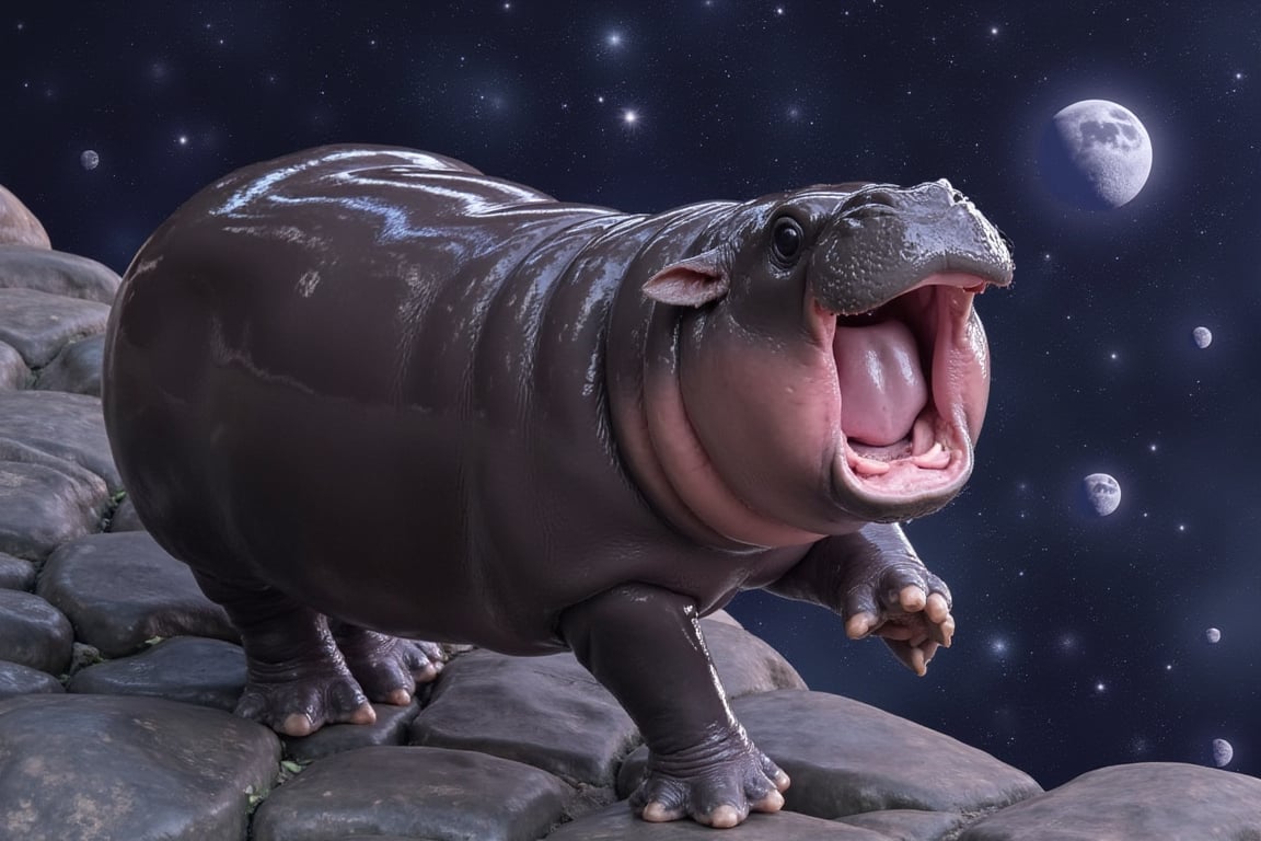 MooDeng hippo playing flying in space 