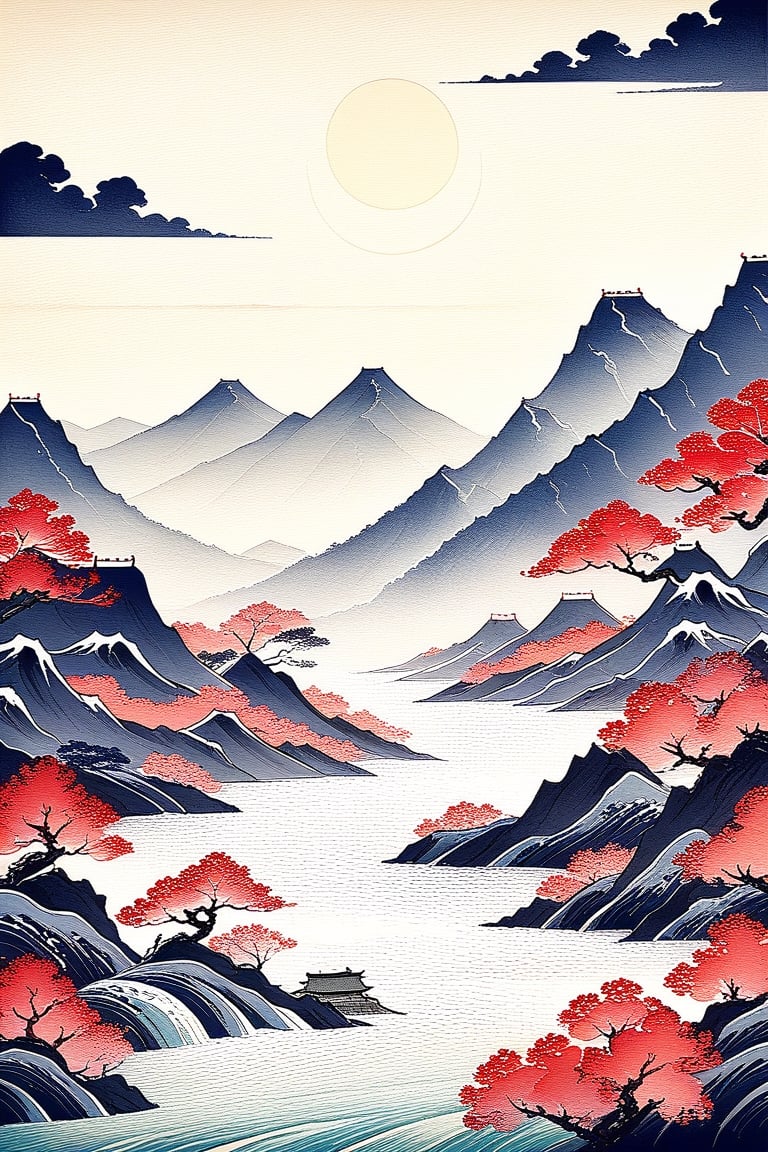 Best Quality, style of hokusai, Ink style，The Great Wall stretches between mountains and rivers