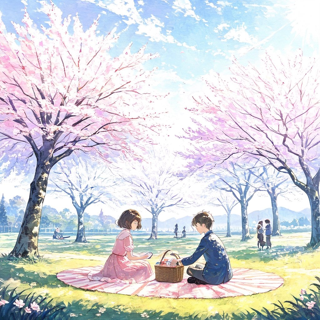 By Van Gogh, sunshine spring with many sakura trees, oil painting, highly detailed, sharpness, dynamic lighting, super detailing, van gogh sight background, painterley effect, post impressionism, ,oil painting, 2d-dimension_animated, masterpiece, cartoon, 1boy with black short hair, 1girl with brown long hair, pink vintage dress sitting together, having picnic at grass,children's picture books