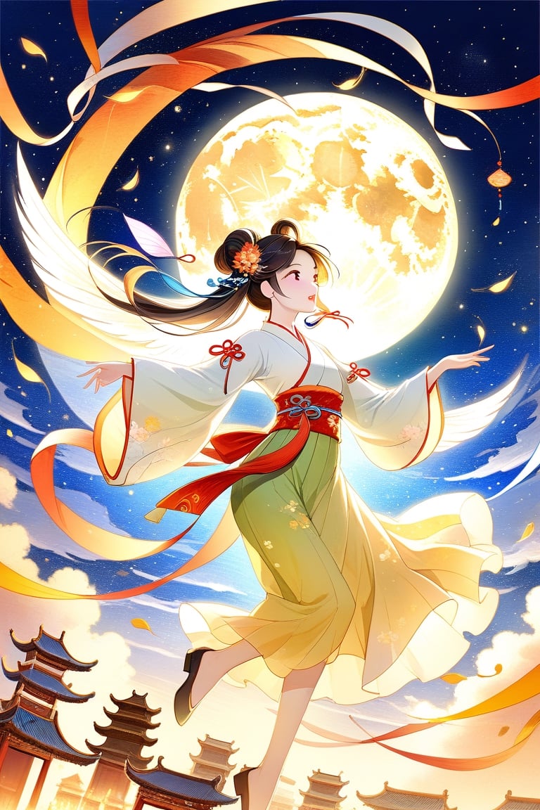 full moon，traditional Chinese festivals，Fairy，Fairy clothes，Streamers flutter，Hanfu，Flying，mid-air，Mid-Autumn Festival，artistic conception，Dunhuang murals，Ultra-high sharpness，8K