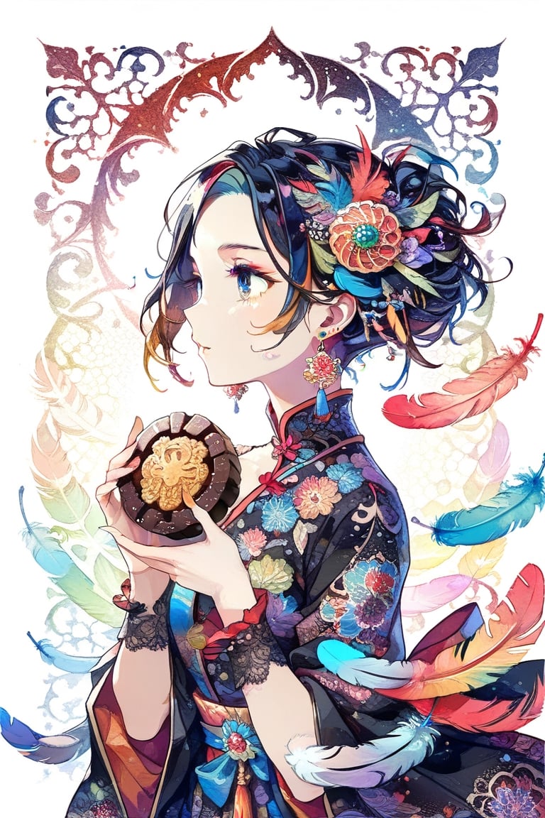 (absurdres, highres, ultra detailed), 1girl, solo, extremely detailed eyes, holding mooncake (official art, beautiful and aesthetic:1.2), (fractal art:1.3), colorful, highest detailed, (zentangle:1.2), (dynamic pose), (abstract background:1.3), (shiny skin), (many colors:1.4), ,(earrings:1.4), (feathers:1.4)