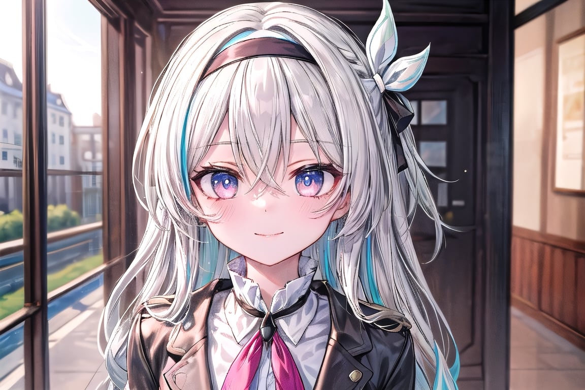 1girl, black_hairband, black_jacket, blue_eyes, bow, collared_shirt, colored_inner_hair, commentary_request, firefly_honkai:_star_rail, grey_hair, hair_between_eyes, hair_bow, hair_intakes, hair_ribbon, hairband, honkai:_star_rail, honkai_series, jacket, long_hair, long_sleeves, looking_at_viewer, multicolored_hair, neckerchief, neko_daruma, pink_eyes, ribbon, shadow, shirt, sidelocks, smile, solo, two-tone_eyes, two-tone_hair, white_shirt