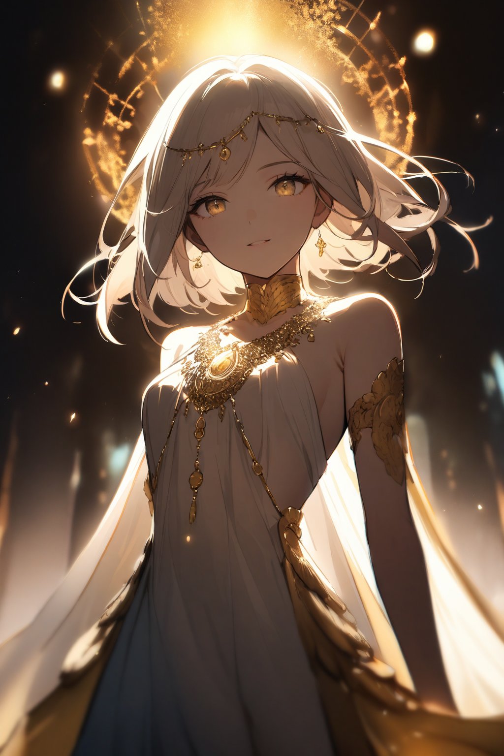 A majestic masterpiece of a goddess stands radiant, her eyes locked onto the viewer as she proudly wears a stunning array of golden necklaces. The delicate chains glimmer and shine with an otherworldly glow, illuminating her serene expression. Her happiness is palpable, emanating from within like a warm aura, as she confidently surveys her surroundings.