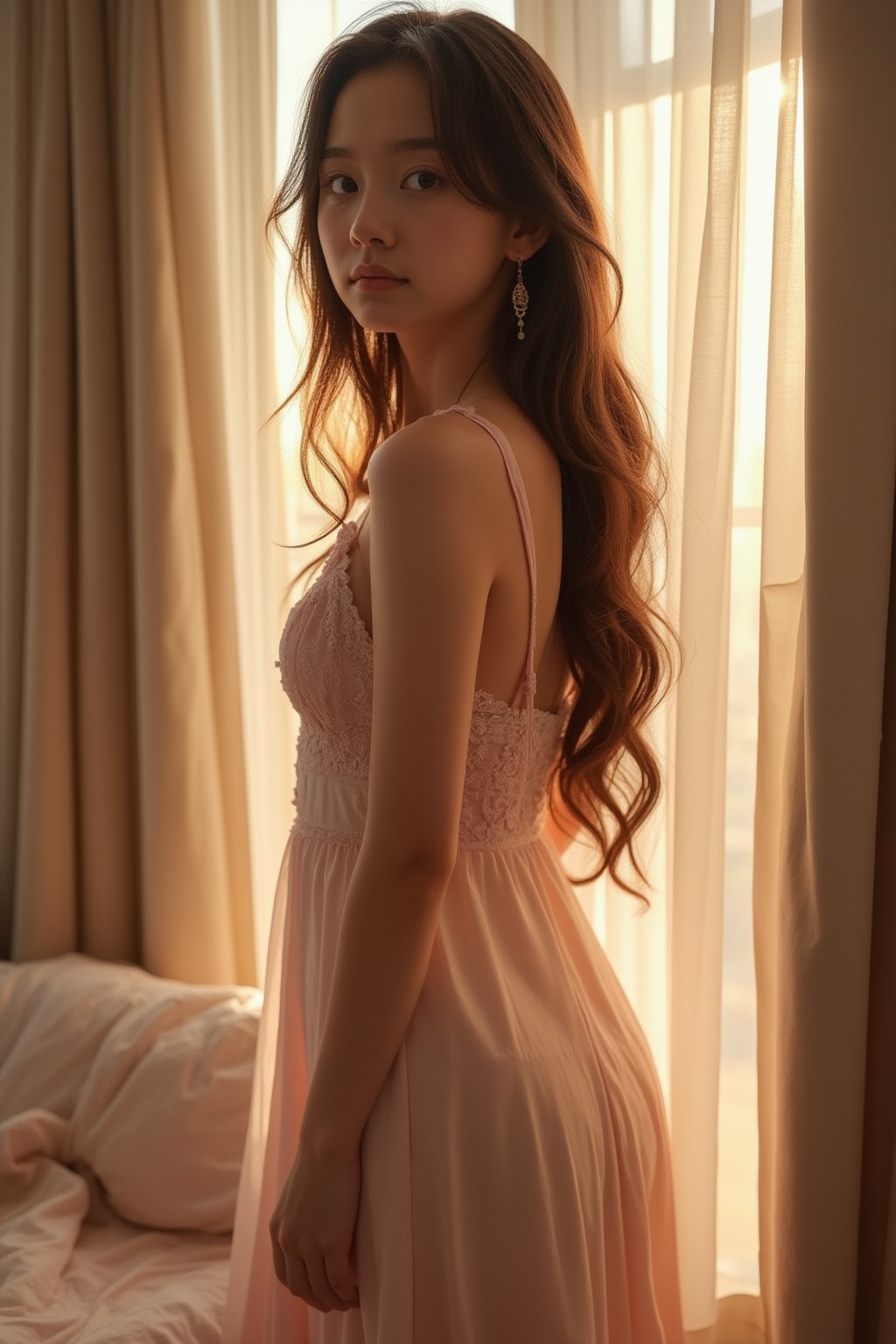 Long hair 
Upper body 
1girl.solo.18yo,Shoulder dress 
Bedroom 
Realistic PHOTO, 4k,8k,details,
The sunlight shines from behind.


