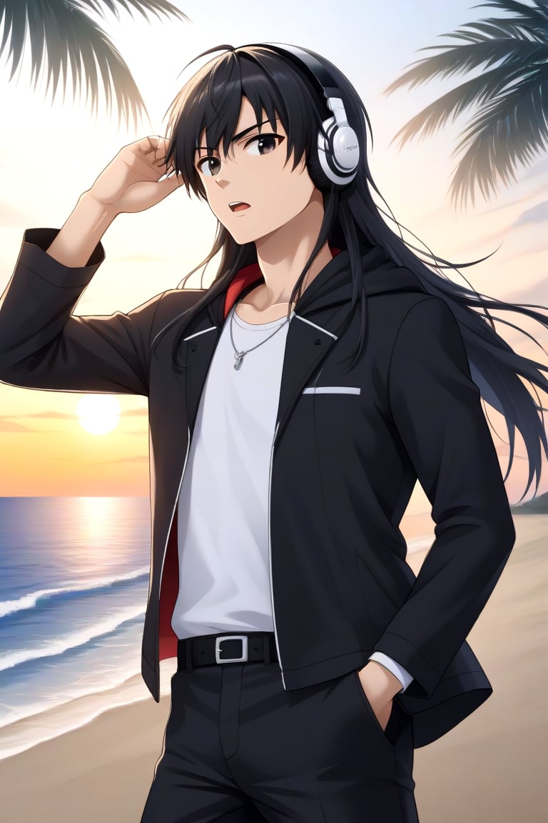 HD, 8k, highres, mantialiasing, Highly detailed, High Quality, masterpiece, beautiful, source_anime, 
BREAK 1boy, solo, (young man, male focus, 16 years old), ((long hair)), male chest, black eyes, black hair, 
BREAK beach, palm trees, sea, outdoors, sunset, 
BREAK long sleeves, jacket, full body, white shirt, pants, hood, black jacket, headphones, black pants, 
BREAK standing, dutch angle, looking_at_viewer, serious, Open mouth, one arm on the waist, cowboy shot, Upper body 