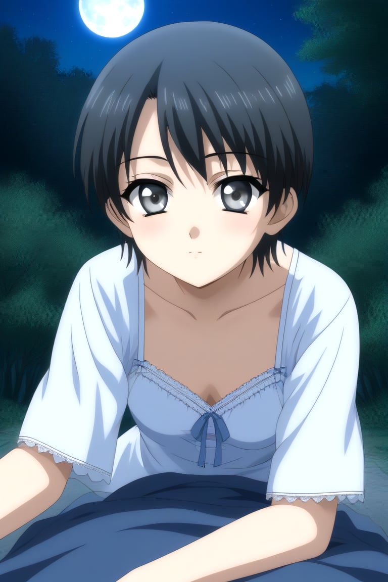 HD, 8k, highres, mantialiasing, Highly detailed, High Quality, masterpiece, beautiful, source_anime, 
BREAK inside a forest, tree, night, moon,
BREAK 1girl, oruha hashimoto, short hair, black hair, grey eyes, white shirt, sky blue nightgown, short blue skirt,
BREAK looking at viewer, lying, 