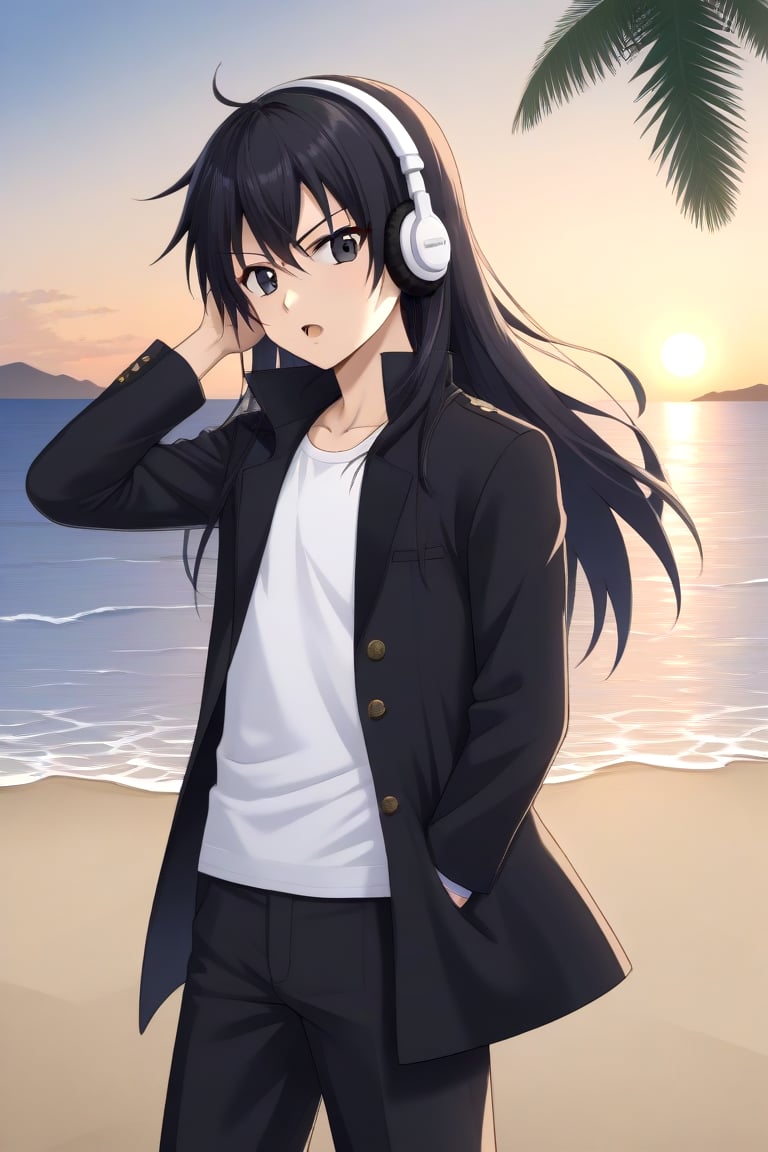 HD, 8k, highres, mantialiasing, Highly detailed, High Quality, masterpiece, beautiful, source_anime, 
BREAK 1boy, solo, (young man, male focus, 16 years old), Yae Karonji, ((long hair)), male chest, black eyes, black hair, 
BREAK beach, palm trees, sea, outdoors, sunset, 
BREAK long sleeves, coat, white shirt, pants, black coat, headphones, black pants, 
BREAK standing, dutch angle, looking_at_viewer, serious, Open mouth, one arm on the waist, cowboy shot, Upper body,