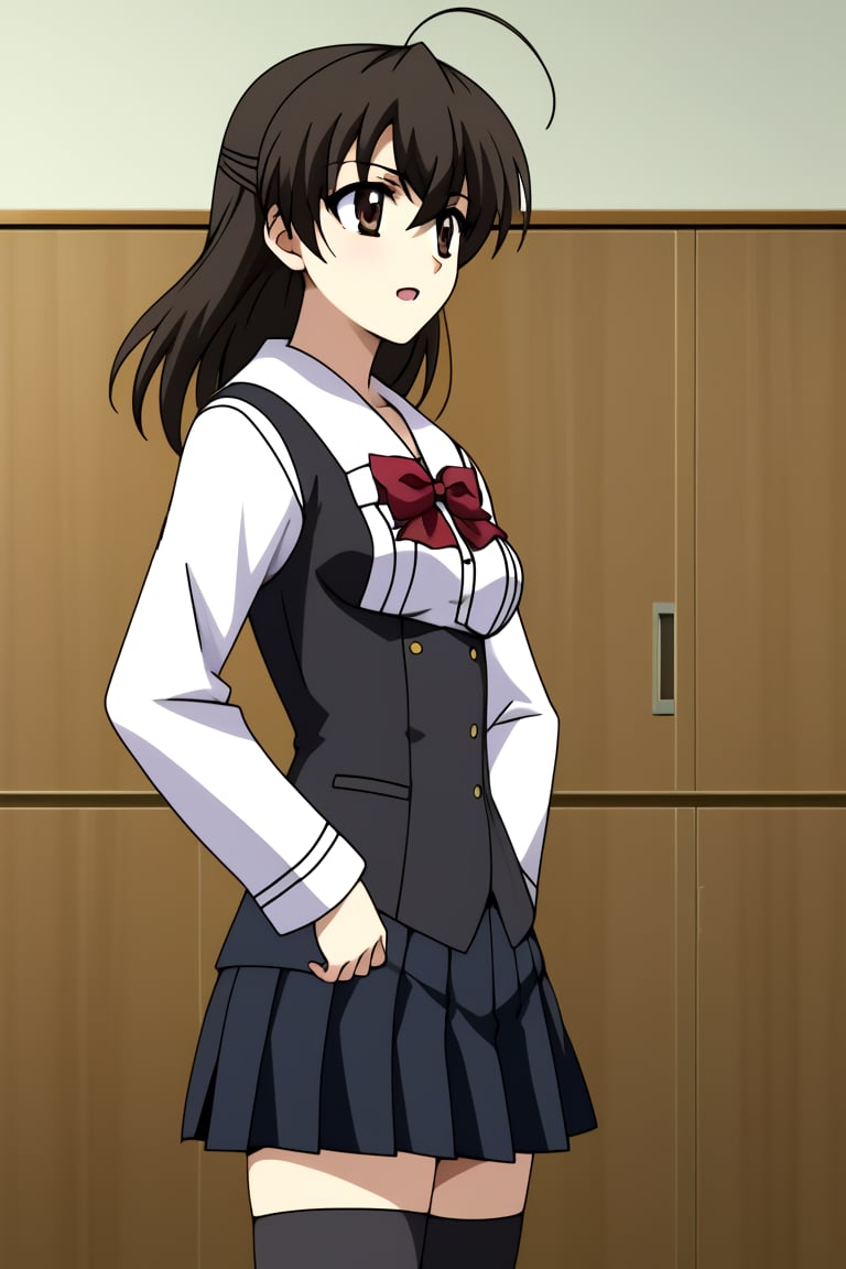 4k, HD, 8k, mantialiasing, Highly detailed, High Quality, masterpiece, beautiful, 1girl, solo, (young woman, 16 years old), sekai saionji, black hair, brown eyes, ahoge, medium breasts, school uniform, ((shirt, shirt sleeves)), long sleeves, white sleeves, arms at sides, (black vest, vest), pleated skirt, black skirt, waist-length skirt, thighhighs, black thighhighs, zettai ryouiki, (front view), open_mouth, from_side, 