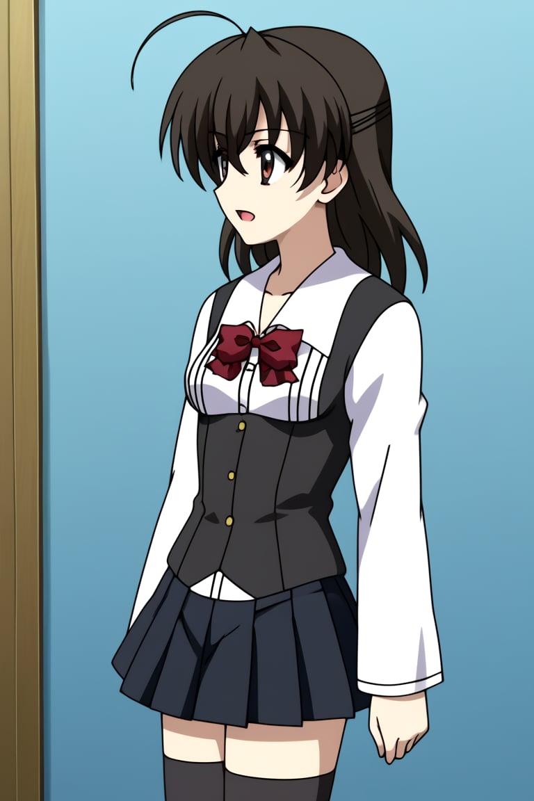 4k, HD, 8k, mantialiasing, Highly detailed, High Quality, masterpiece, beautiful, 1girl, solo, (young woman, 16 years old), sekai saionji, black hair, brown eyes, ahoge, medium breasts, school uniform, ((shirt, shirt sleeves)), long sleeves, white sleeves, arms at sides, (black vest, vest), pleated skirt, black skirt, waist-length skirt, thighhighs, black thighhighs, zettai ryouiki, (front view), open_mouth, from_side, 