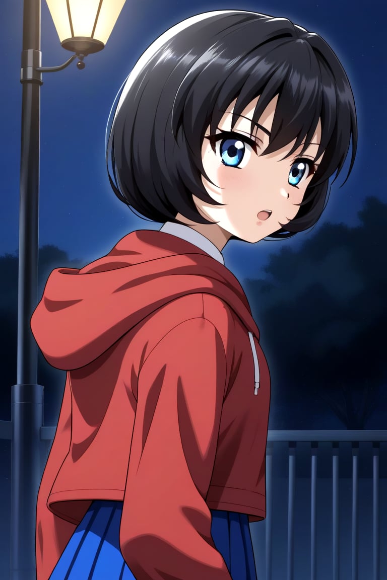 HD, 8k, highres, mantialiasing, Highly detailed, High Quality, masterpiece, beautiful, source_anime, 
BREAK 1girl, solo, (young woman, 16 years old), Uzuki Li, short hair, blue eyes, serious look, Open mouth,
BREAK school, night, dark environment, 
BREAK hoodie, skirt, red hoodie, long skirt, blue skirt
BREAK looking at viewer,  focus face, side_view,