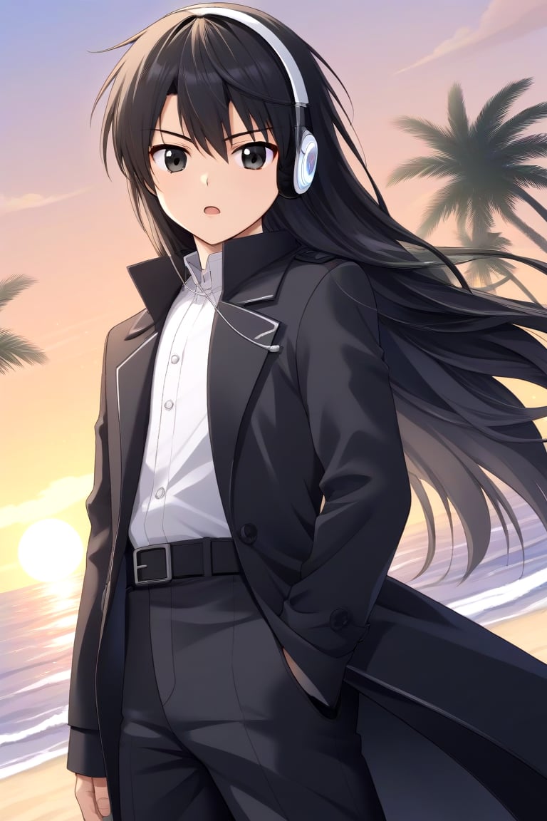 HD, 8k, highres, mantialiasing, Highly detailed, High Quality, masterpiece, beautiful, source_anime, 
BREAK 1boy, solo, (young man, male focus, 16 years old), ((long hair)), male chest, black eyes, black hair, 
BREAK beach, palm trees, sea, outdoors, sunset, 
BREAK long sleeves, coat, white shirt, pants, black coat, headphones, black pants, 
BREAK standing, dutch angle, looking_at_viewer, serious, Open mouth, one arm on the waist, cowboy shot, Upper body 