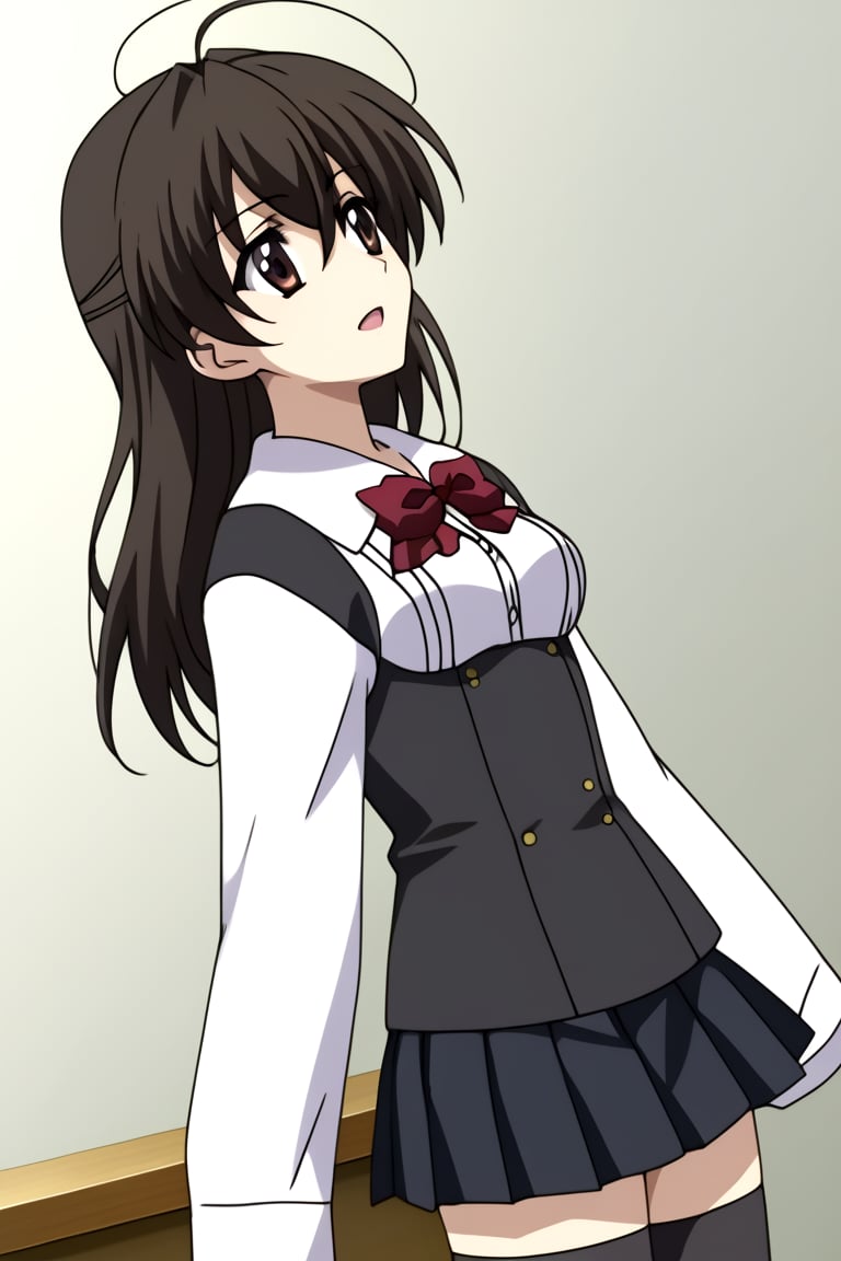 Highly detailed, High Quality, masterpiece, beautiful, 1girl, solo, (young woman, 16 years old), sekai saionji, black hair, brown eyes, ahoge, medium breasts, school uniform, ((shirt, shirt sleeves:1.8)), long sleeves, white sleeves, arms at sides, (black vest, vest), pleated skirt, ((black skirt, waist-length skirt:1.2)), thighhighs, black thighhighs, zettai ryouiki, (front view), open_mouth, from_side, 