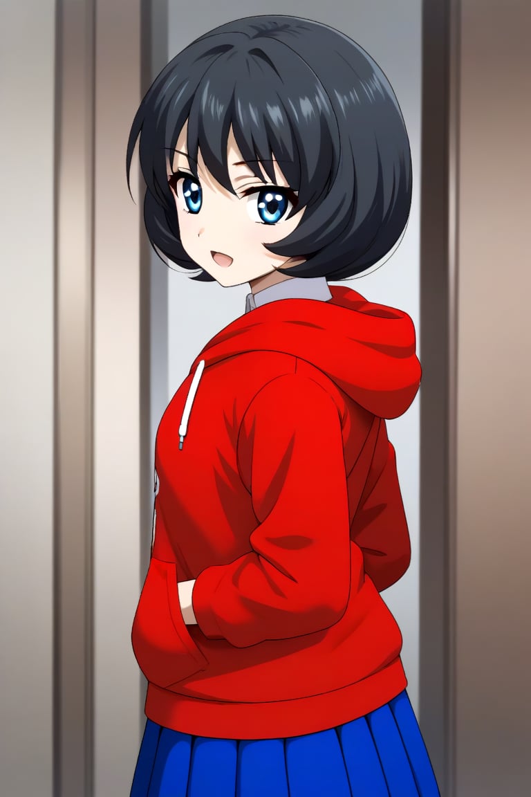 HD, 8k, highres, mantialiasing, Highly detailed, High Quality, masterpiece, beautiful, source_anime, 
BREAK 1girl, solo, (young woman, 16 years old), Uzuki Li, short hair, blue eyes, serious look, Open mouth,
BREAK hoodie, skirt, red hoodie, long skirt, blue skirt
BREAK looking at viewer,  focus face, side_view,