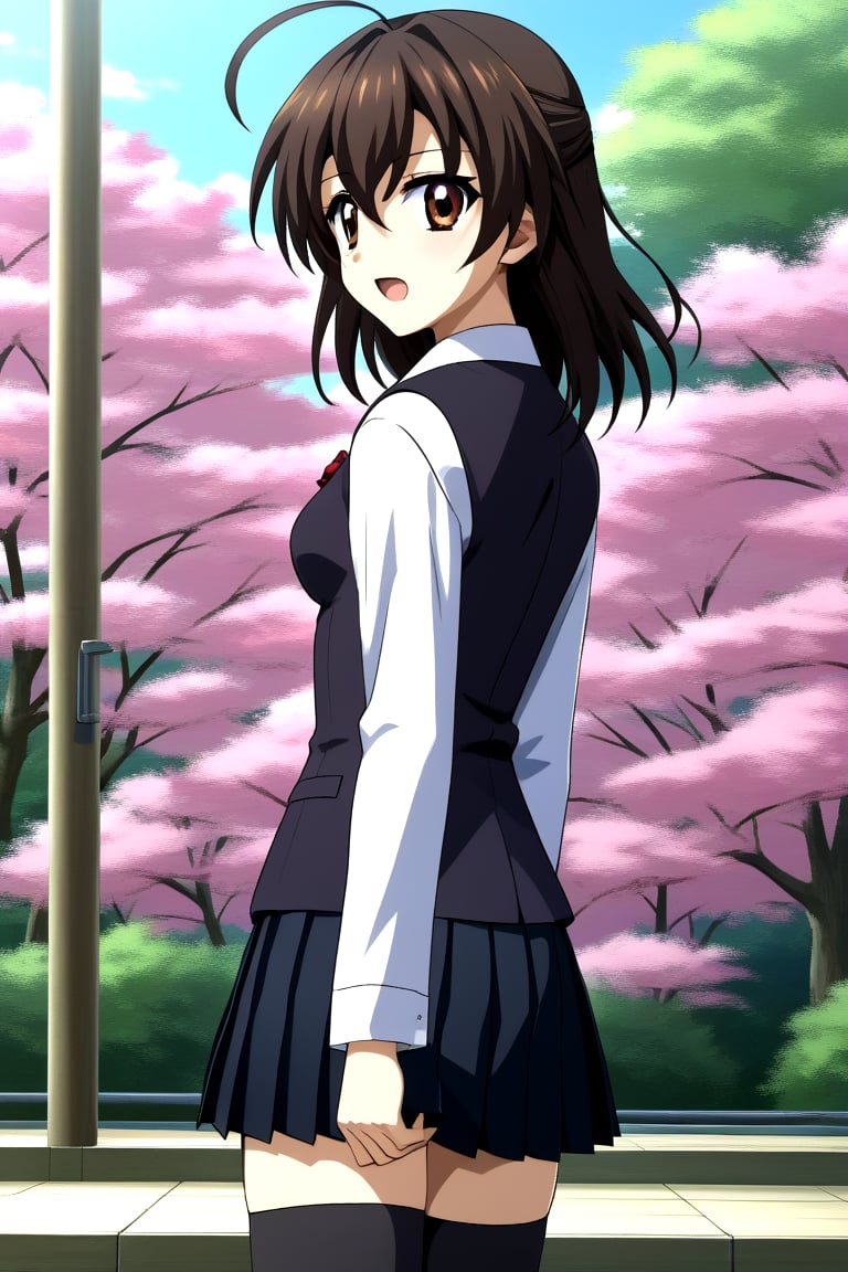 4k, HD, 8k, mantialiasing, Highly detailed, High Quality, masterpiece, beautiful, 1girl, solo, (young woman, 16 years old), sekai saionji, black hair, brown eyes, ahoge, medium breasts, school uniform, ((shirt, shirt sleeves)), long sleeves, white sleeves, arms at sides, (black vest, vest), pleated skirt, black skirt, waist-length skirt, thighhighs, black thighhighs, zettai ryouiki, (back view), open_mouth, from_back, looking_back,