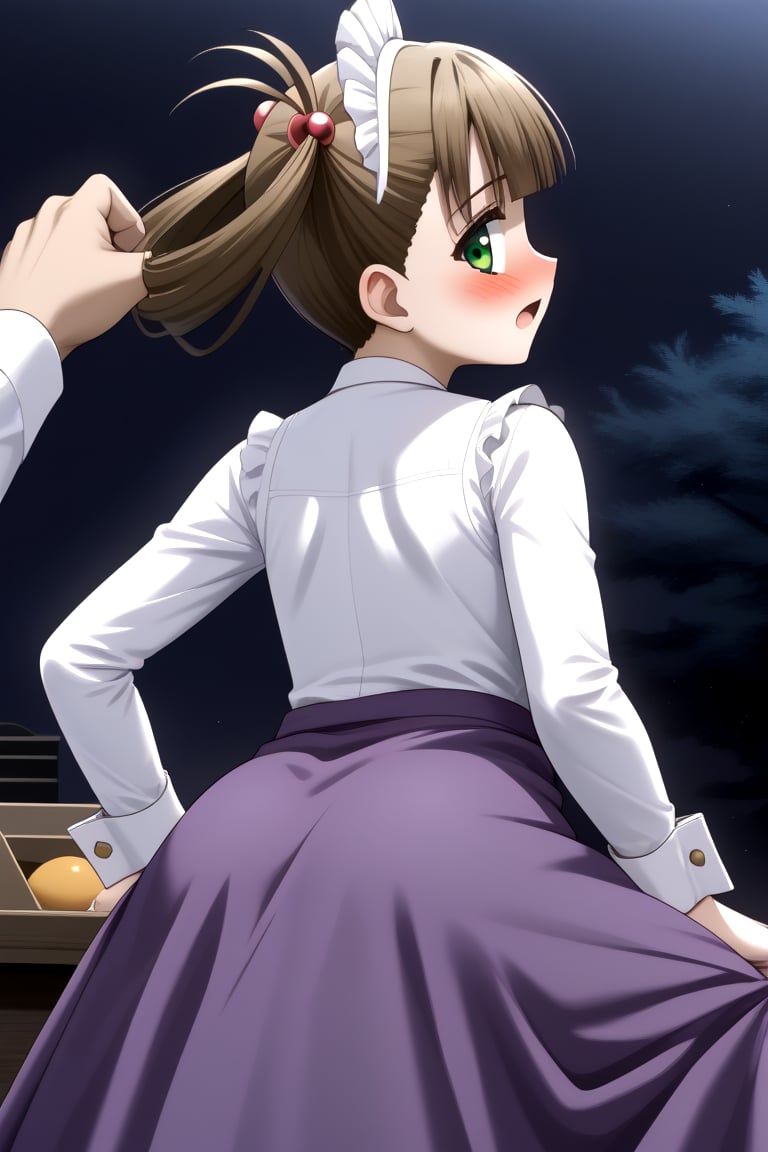 HD, 8k, highres, mantialiasing, Highly detailed, High Quality, masterpiece, beautiful, source_anime, 
BREAK ((inside of a pastry shop, dark environment)), 
BREAK 1girl, solo focus, young woman, 16 years old, Hikari Kuroda, bangs, brown hair, hair ornament, twintails, green eyes, hair bobbles, hair rings,, sleepy, nose blush, Open mouth,
BREAK Uniform Sweet Ohara, ((white dress)), long sleeves, red ascot, ((long skirt, purple skirt)), (wrist_cuff), maid headdress,
BREAK looking_back, Focus below, from_behind, on back, solo focus, standing