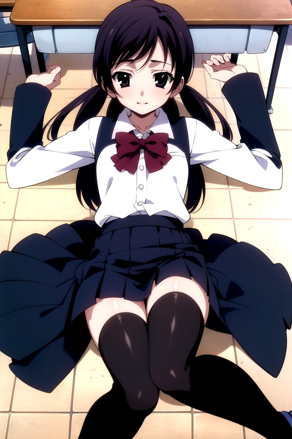 Highly detailed, High Quality, Masterpiece, beautiful,
BREAK 1girl, solo, (young woman), (16 old), roka kitsuregawa, long hair, (black eyes:1.5), twintails, purple hair, 
BREAK skirt, thighhighs, school uniform, shoes, black thighhighs, zettai ryouiki, bow, red bow, sleeveless vest, white shirt with long sleeves,
BREAK (classroom, mosaic floor:1.5),
BREAK looking_at_viewer, (lying:1.8), (focus waist), 