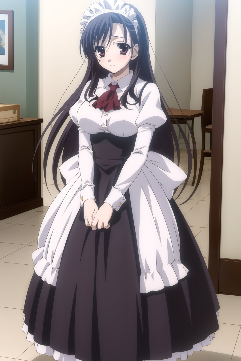  Highly detailed, High Quality, masterpiece, beautiful,
BREAK 1girl, solo, (young woman), (16 old), Black_long_hair, Black_eyes, bangs, breasts, large breasts,
BREAK Uniform Sweet Ohara, skirt, long sleeves, dress, standing, puffy sleeves, red ascot, hands on hips, long skirt, (purple skirt), white dress, wrist_cuff, maid headdress, waist-length skirt,
BREAK looking_at_viewer, ((full_body)), sitting, Focus breasts,
 