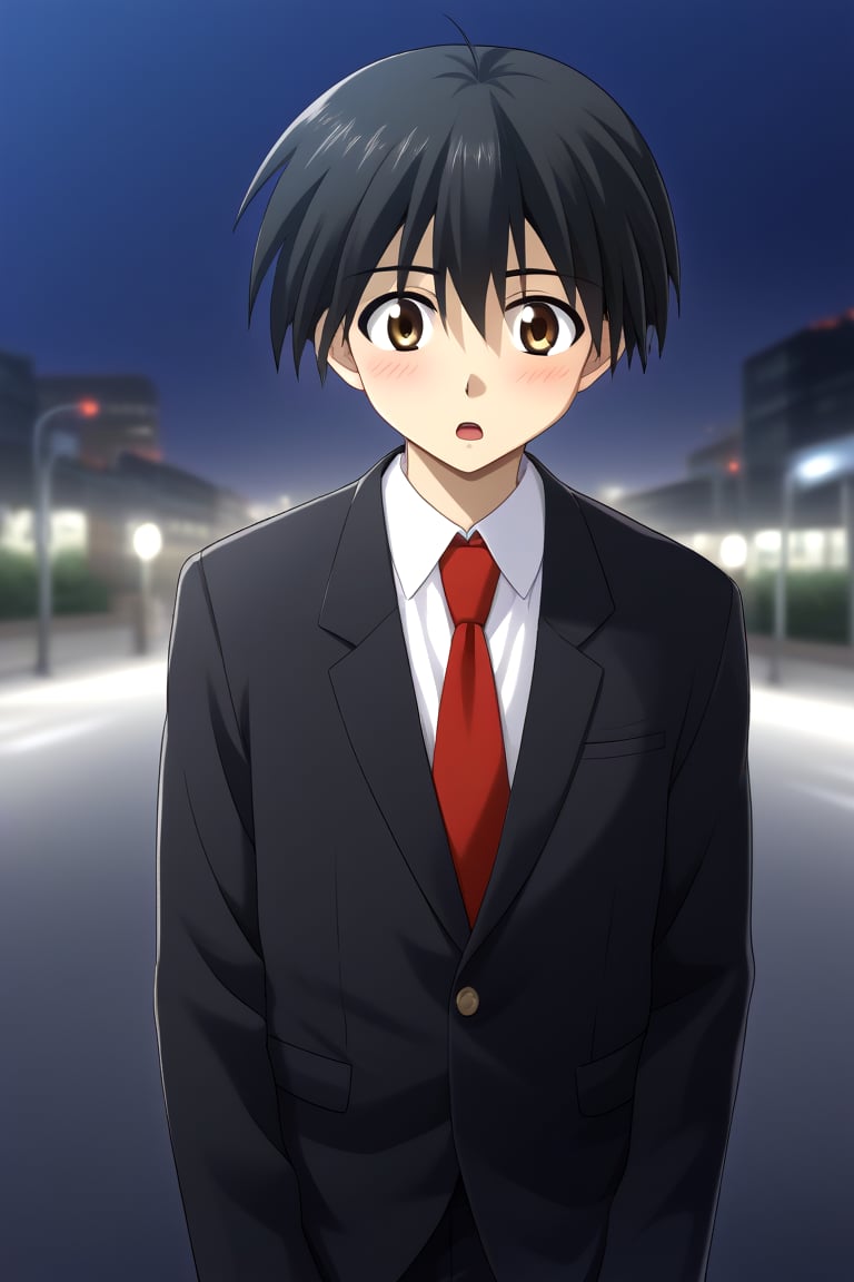 HD, 8k, highres, mantialiasing, Highly detailed, High Quality, masterpiece, beautiful, source_anime, 
BREAK 1boy, solo, young man, 16 years old, itou makoto, black hair, Brown eyes, short hair, :o, surprise face, Open mouth, blushing,
BREAK school uniform, shirt, pants, black jacket, red tie, black pants, 
BREAK ((outside on the street in a night city:1.5)) ,
BREAK Front view, standing, Upper body, head down, hands 