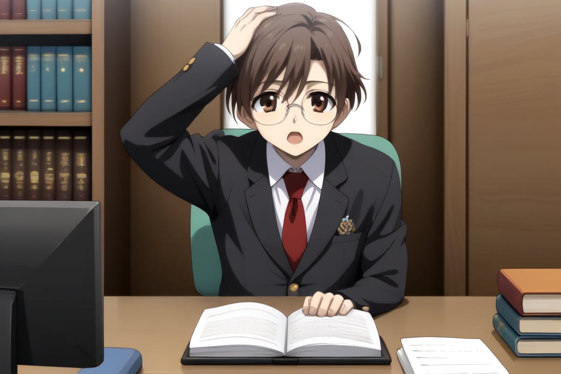 HD, 8k, highres, mantialiasing, Highly detailed, High Quality, masterpiece, beautiful, source_anime, 
BREAK 1boy, solo, male focus, 16 years old, yuuki ashikaga, brown hair, brown eyes, short hair, glasses, Open mouth,
BREAK inside a library, books, bookshelves, computer screen,
BREAK school uniform, shirt, pants, black jacket, red tie
BREAK looking_at_viewer, front view, sitting at the chair, boy sitting on a chair in front of a computer, hands_up, hand scratching head, 