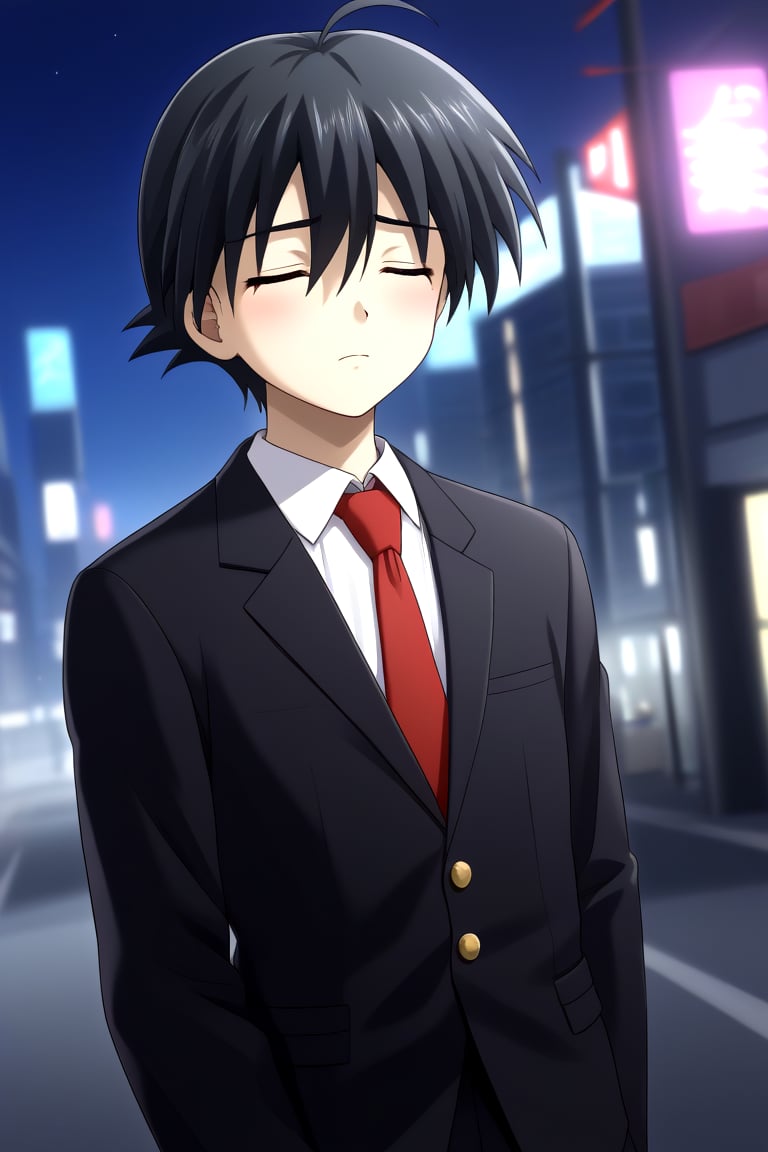 HD, 8k, highres, mantialiasing, Highly detailed, High Quality, masterpiece, beautiful, source_anime, 
BREAK 1boy, solo, young man, 16 years old, itou makoto, black hair, closed eyes, short hair, :o, sad face,
BREAK school uniform, shirt, pants, black jacket, red tie, black pants, 
BREAK ((outside on the street in a night city:1.5)) ,
BREAK Front view, standing, Upper body, head down,