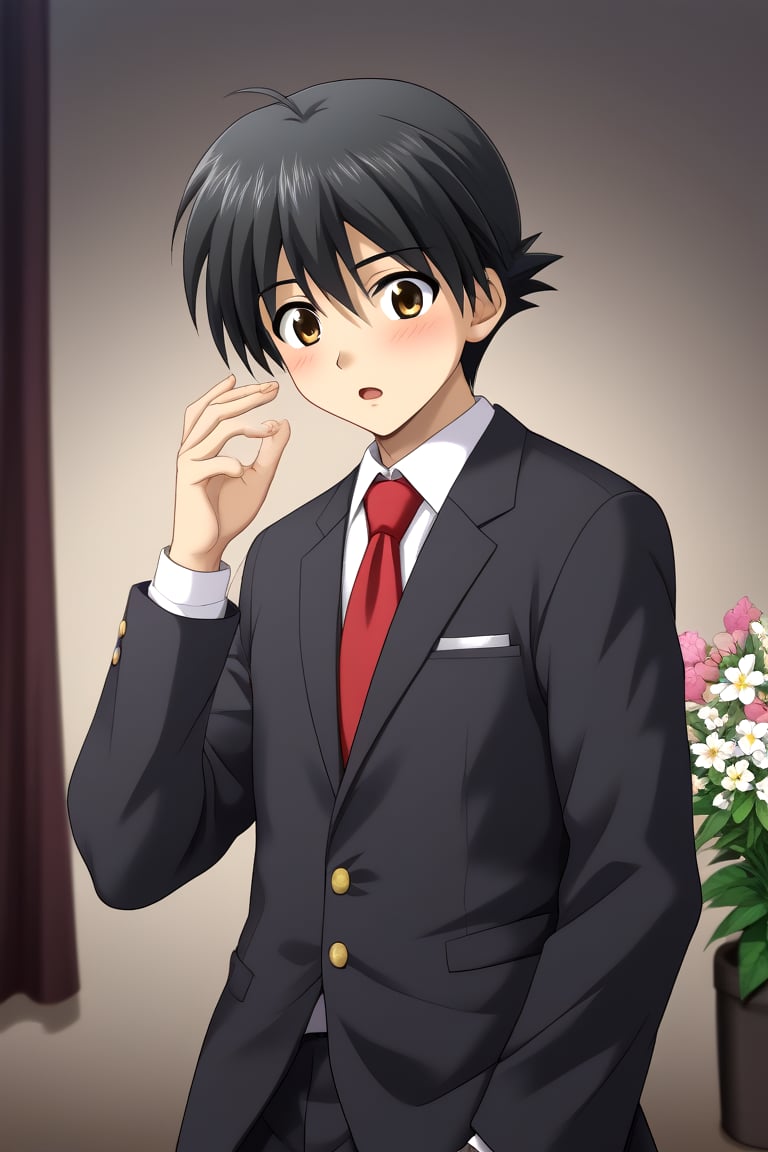 HD, 8k, highres, mantialiasing, Highly detailed, High Quality, masterpiece, beautiful, source_anime, 
BREAK 1boy, solo, young man, 16 years old, itou makoto, black hair, Brown eyes, short hair, :o, surprise face, Open mouth, blushing,
BREAK school uniform, shirt, pants, black jacket, red tie, black pants, 
BREAK inside a living room, flower pots, windows, dark environment,
BREAK side view, standing, Upper body, head down, hands up, 