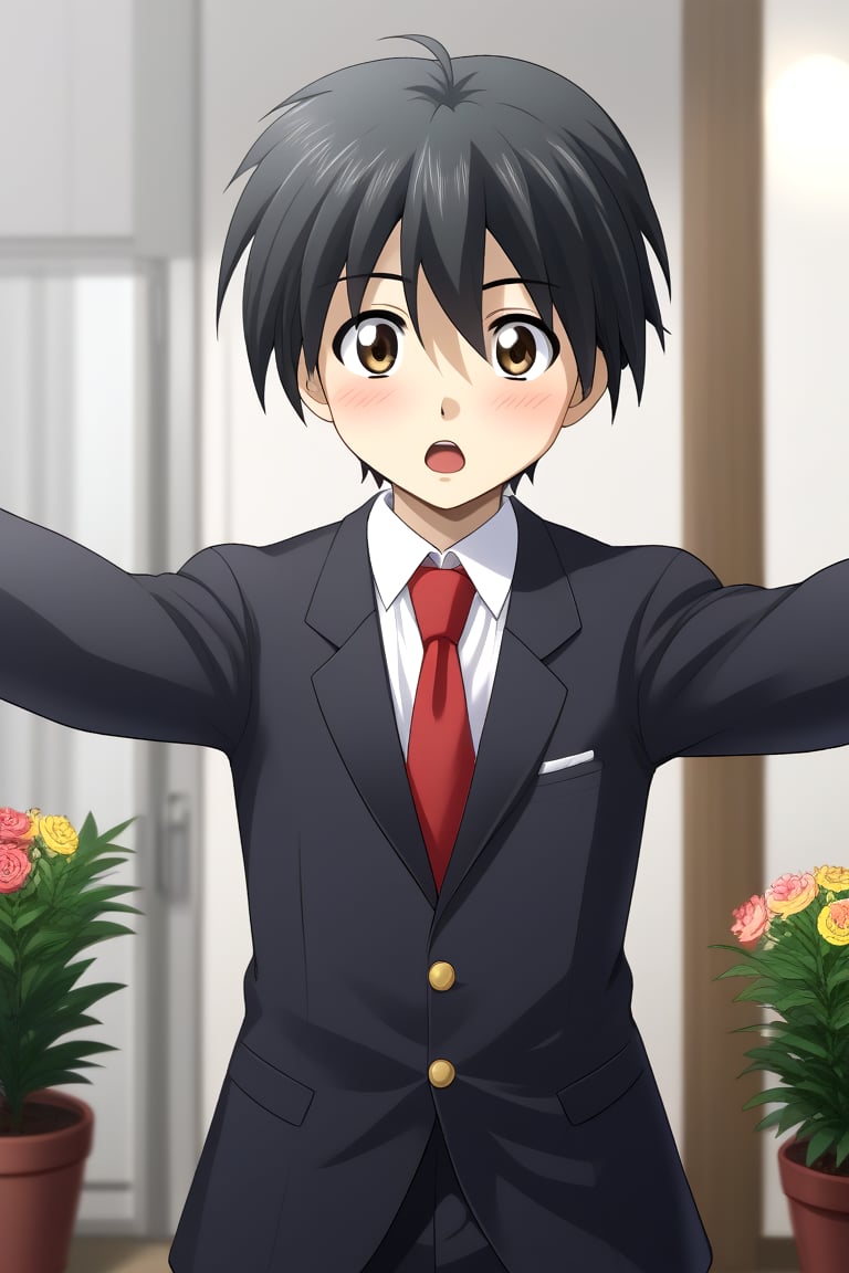 HD, 8k, highres, mantialiasing, Highly detailed, High Quality, masterpiece, beautiful, source_anime, 
BREAK 1boy, solo, young man, 16 years old, itou makoto, black hair, Brown eyes, short hair, :o, surprise face, Open mouth, blushing,
BREAK school uniform, shirt, pants, black jacket, red tie, black pants, 
BREAK inside an apartment, flower pots, windows, night, door,
BREAK Front view, standing, Upper body, head down, hands up, reaching towards viewer