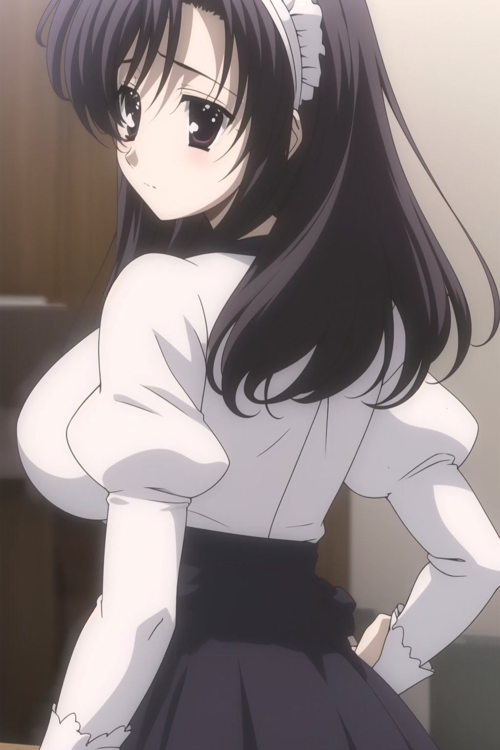  Highly detailed, High Quality, masterpiece, beautiful,
BREAK 1girl, solo, (young woman), (16 old), kotonoha katsura, (black eyes:1.4), black hair, long hair, bangs, breasts, large breasts,
BREAK Uniform Sweet Ohara, skirt, long sleeves, dress, standing, puffy sleeves, red ascot, hands on hips, long skirt, (purple skirt:1.2), white dress, wrist_cuff, maid headdress, waist-length skirt,
BREAK looking_back, ((Focus ass)), from_behind, side view,
 