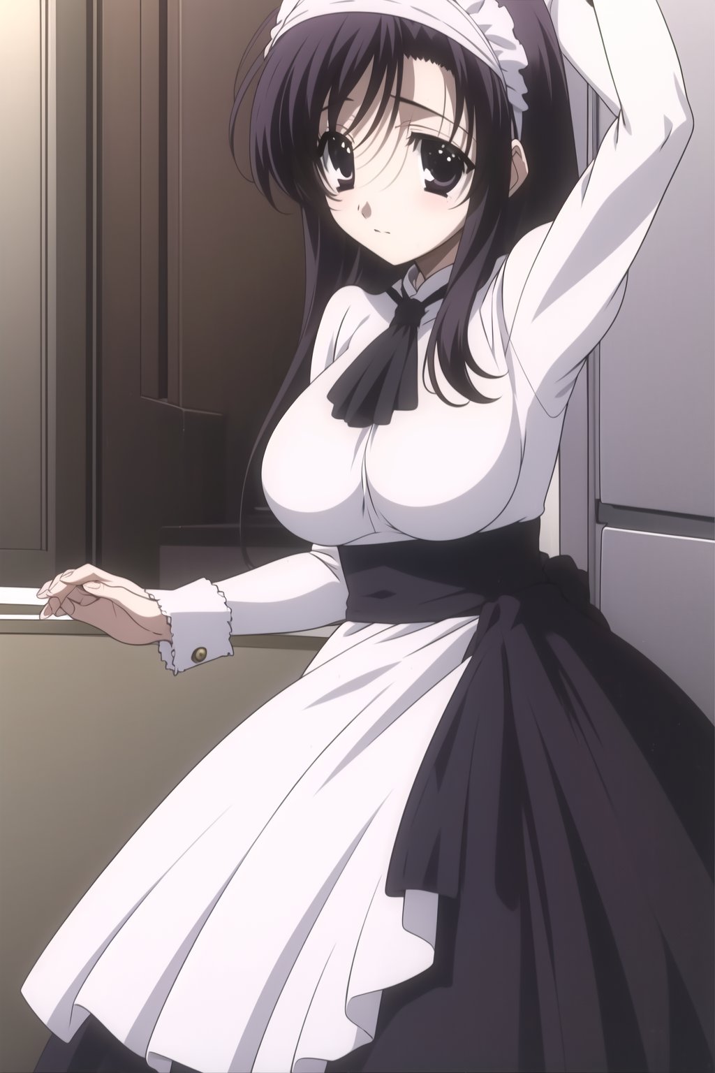  Highly detailed, High Quality, masterpiece, beautiful,
BREAK 1girl, solo, (young woman), (16 old), kotonoha katsura, (black eyes), black hair, long hair, bangs, breasts, large breasts,
BREAK Uniform Sweet Ohara, skirt, long sleeves, shirt, puffy sleeves, red ascot, long skirt, (purple skirt), white shirt, wrist_cuff, maid headdress, waist-length skirt,
BREAK looking_at_viewer, front view, sitting, full_body,
 