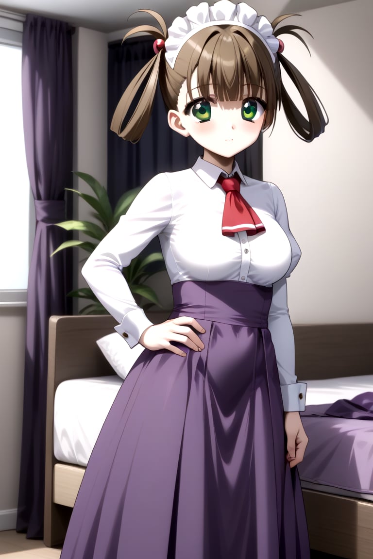 Highly detailed, High Quality, masterpiece, beautiful,
BREAK 1girl, solo, (young woman), (16 old), hikari kuroda, bangs, (brown hair), hair ornament, twintails, (green eyes), hair bobbles, hair rings, medium breasts, 
BREAK bed, 
BREAK Uniform Sweet Ohara, ((white_blouse, long sleeves:1.2)), puffy sleeves, (red ascot), long skirt, (purple skirt:1.5), wrist_cuff, maid headdress, 
BREAK looking_at_viewer, Focus ass, standing, from_behind,