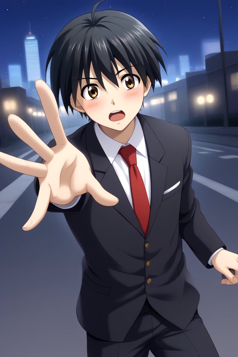 HD, 8k, highres, mantialiasing, Highly detailed, High Quality, masterpiece, beautiful, source_anime, 
BREAK 1boy, solo, young man, 16 years old, itou makoto, black hair, Brown eyes, short hair, :o, surprise face, Open mouth, blushing,
BREAK school uniform, shirt, pants, black jacket, red tie, black pants, 
BREAK ((outside on the street in a night city:1.5)) ,
BREAK Front view, standing, Upper body, head down, reaching towards viewer, perfect hand,