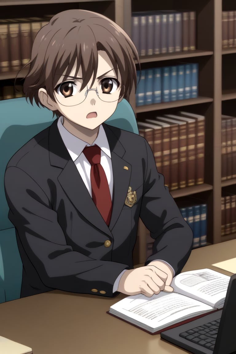 HD, 8k, highres, mantialiasing, Highly detailed, High Quality, masterpiece, beautiful, source_anime, 
BREAK 1boy, solo, male focus, 16 years old, yuuki ashikaga, brown hair, brown eyes, short hair, glasses, Open mouth, (serious look),
BREAK inside a library, books, bookshelves, computer screen,
BREAK school uniform, shirt, pants, black jacket, red tie
BREAK looking_at_viewer, front view, sitting at the chair, boy sitting on a chair in front of a computer, hands hitting the table, 