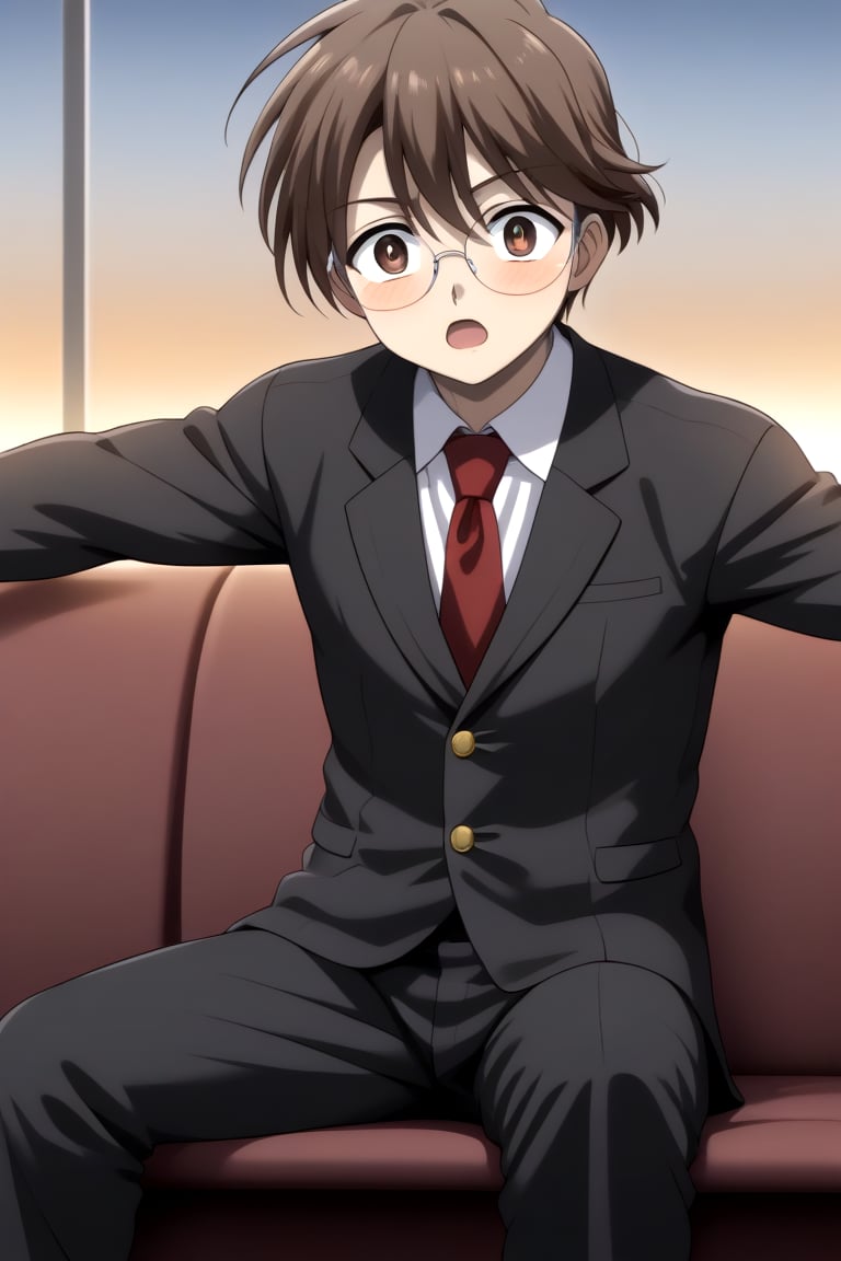 HD, 8k, highres, mantialiasing, Highly detailed, High Quality, masterpiece, beautiful, 
BREAK 1boy, solo, male focus, yuuki ashikaga, brown hair, Brown eyes, ((short hair)), Open mouth, 
BREAK school uniform, shirt, pants, black jacket, red tie, black pants, long pants, glasses,
BREAK interior of a subway, sunset, glass, 
BREAK solo focus, front view, focus face, sitting, looking at the viewer, surprised face, blushing, constricted pupils, boy adjusting his own glasses,