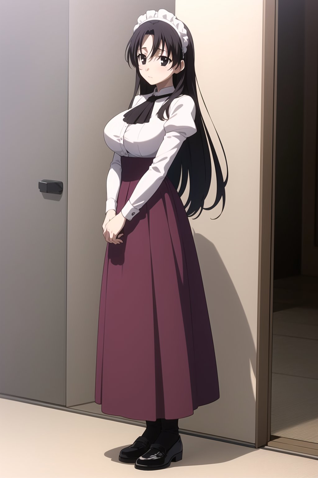  Highly detailed, High Quality, masterpiece, beautiful,
BREAK 1girl, solo, (young woman), (16 old), kotonoha katsura, (black eyes:1.4), black hair, long hair, bangs, breasts, large breasts,
BREAK Uniform Sweet Ohara, skirt, long sleeves, dress, standing, puffy sleeves, red ascot, long skirt, (purple skirt:1.2), white dress, wrist_cuff, maid headdress, waist-length skirt,
BREAK looking_at_viewer, front view, sitting, full_body,
 