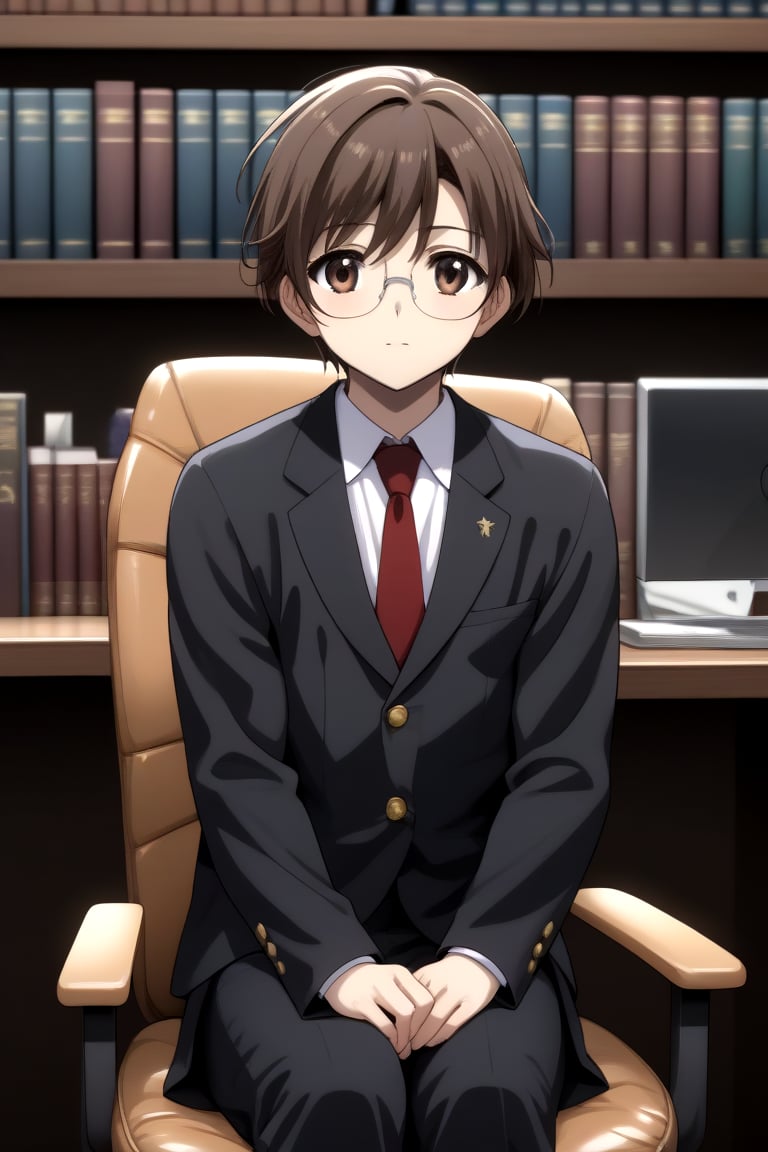 HD, 8k, highres, mantialiasing, Highly detailed, High Quality, masterpiece, beautiful, source_anime, 
BREAK 1boy, solo, male focus, 16 years old, yuuki ashikaga, brown hair, brown eyes, short hair, glasses,
BREAK inside a library, books, bookshelves, computer screen,
BREAK school uniform, shirt, pants, black jacket, red tie
BREAK looking_at_viewer, front view, sitting at the chair, girl sitting on a chair in front of a computer, hands_up,