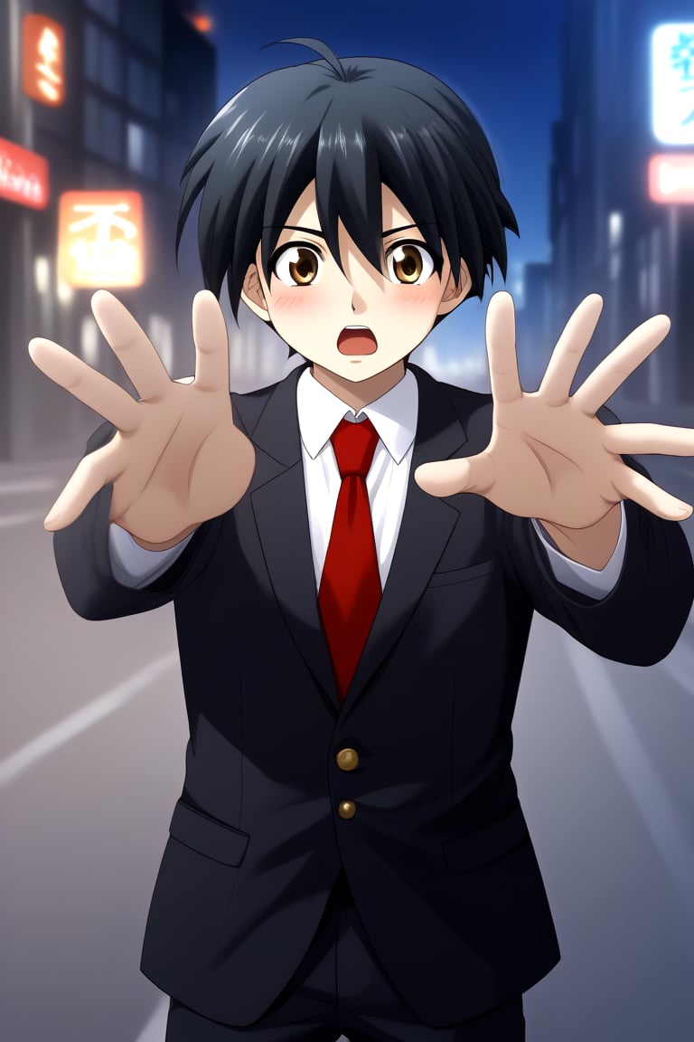 HD, 8k, highres, mantialiasing, Highly detailed, High Quality, masterpiece, beautiful, source_anime, 
BREAK 1boy, solo, young man, 16 years old, itou makoto, black hair, Brown eyes, short hair, :o, surprise face, Open mouth, blushing,
BREAK school uniform, shirt, pants, black jacket, red tie, black pants, 
BREAK ((outside on the street in a night city:1.5)) ,
BREAK Front view, standing, Upper body, head down, hands up, reaching towards viewer