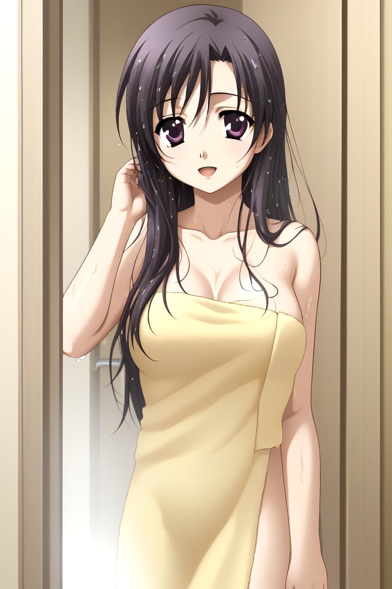 HD, 8k, highres, mantialiasing, Highly detailed, High Quality, masterpiece, beautiful, source_anime, 
BREAK inside a bathroom, door, glass, day, 
BREAK 1girl, solo, young woman, 16 years old, kotonoha katsura, purple eyes, black hair, long hair, ((towel, girl covered by towel)), (wet hair, wet body:1.5),
BREAK looking at the viewer, on back, From behind, standing, Open mouth, happy,