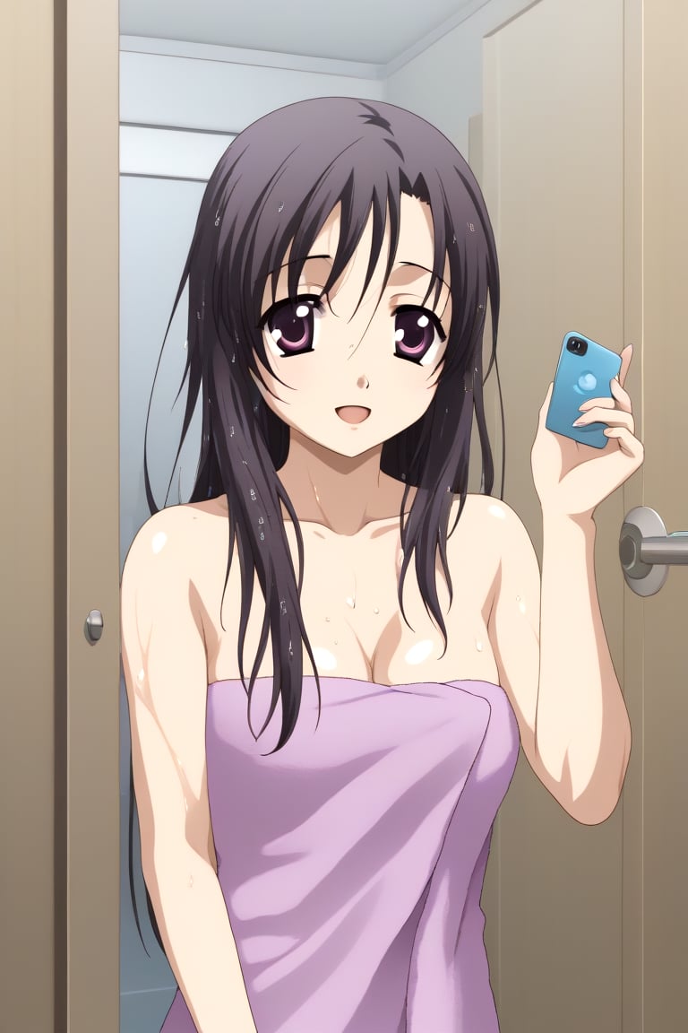 HD, 8k, highres, mantialiasing, Highly detailed, High Quality, masterpiece, beautiful, source_anime, 
BREAK inside a bathroom, door, glass, day, 
BREAK 1girl, solo, young woman, 16 years old, kotonoha katsura, purple eyes, black hair, long hair, ((towel, girl covered by towel)), (wet hair, wet body:1.5),
BREAK looking at the viewer, on back, From behind, standing, Open mouth, happy, holding_cellphone,