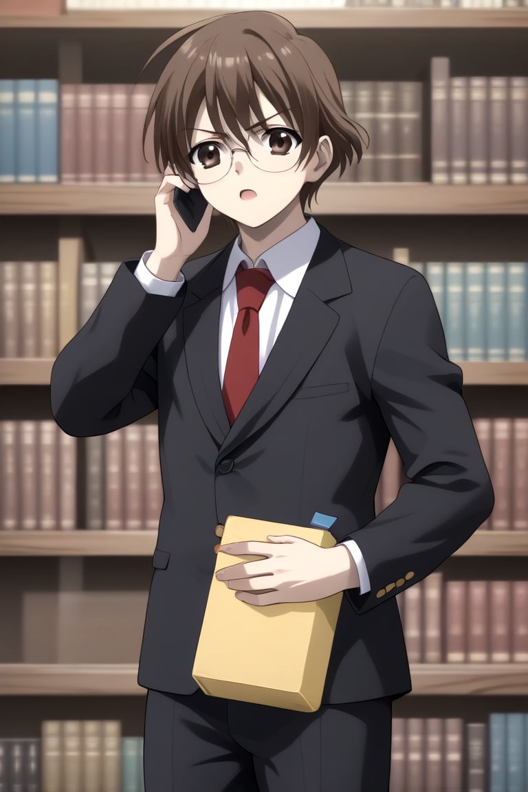 HD, 8k, highres, mantialiasing, Highly detailed, High Quality, masterpiece, beautiful, source_anime, 
BREAK 1boy, solo, male focus, 16 years old, yuuki ashikaga, brown hair, brown eyes, short hair, glasses, Open mouth, (serious look),
BREAK inside a library, books, bookshelves, glass,
BREAK school uniform, shirt, pants, black jacket, red tie
BREAK looking_at_viewer, front view, talking on phone, boy standing in front of window, outside, sunset sky