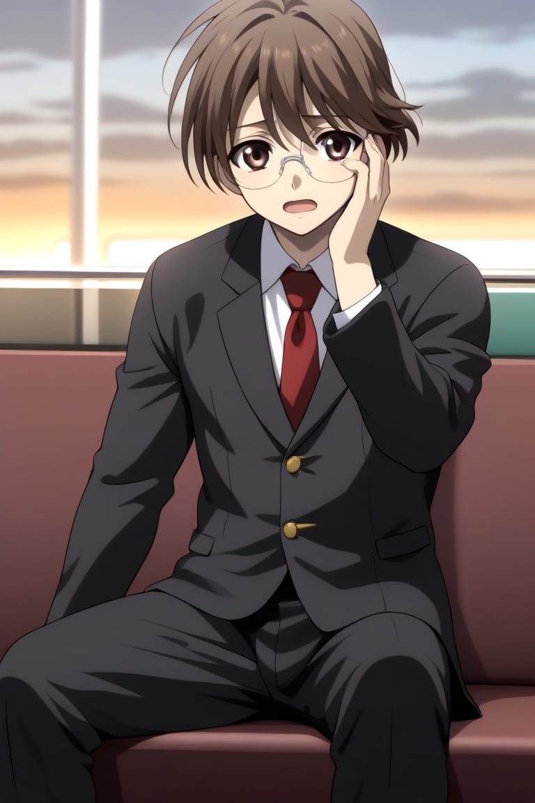 HD, 8k, highres, mantialiasing, Highly detailed, High Quality, masterpiece, beautiful, 
BREAK 1boy, solo, male focus, yuuki ashikaga, brown hair, Brown eyes, ((short hair)), Open mouth, 
BREAK school uniform, shirt, pants, black jacket, red tie, black pants, long pants, glasses,
BREAK interior of a subway, sunset, glass, 
BREAK solo focus, front view, focus face, sitting, looking at the viewer, nervous look, boy adjusting his own glasses,