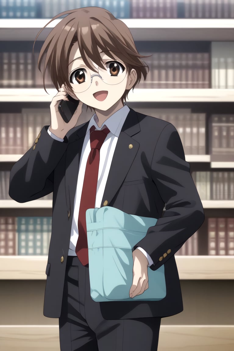 HD, 8k, highres, mantialiasing, Highly detailed, High Quality, masterpiece, beautiful, source_anime, 
BREAK 1boy, solo, male focus, 16 years old, yuuki ashikaga, brown hair, brown eyes, short hair, glasses, Open mouth, (happy look),
BREAK inside a library, glass, Windows, outside, sunset sky,
BREAK school uniform, shirt, pants, black jacket, red tie
BREAK looking_at_viewer, side view, talking on phone, boy standing in front of window,  talking on phone 