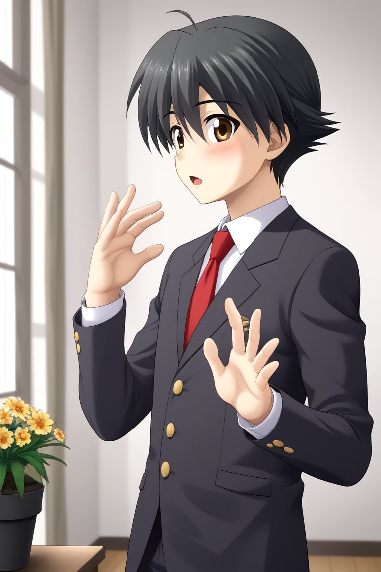 HD, 8k, highres, mantialiasing, Highly detailed, High Quality, masterpiece, beautiful, source_anime, 
BREAK 1boy, solo, young man, 16 years old, itou makoto, black hair, Brown eyes, short hair, :o, surprise face, Open mouth, blushing,
BREAK school uniform, shirt, pants, black jacket, red tie, black pants, 
BREAK inside an apartment, flower pots, windows, night, door,
BREAK side view, standing, Upper body, head down, hands up, reaching towards viewer